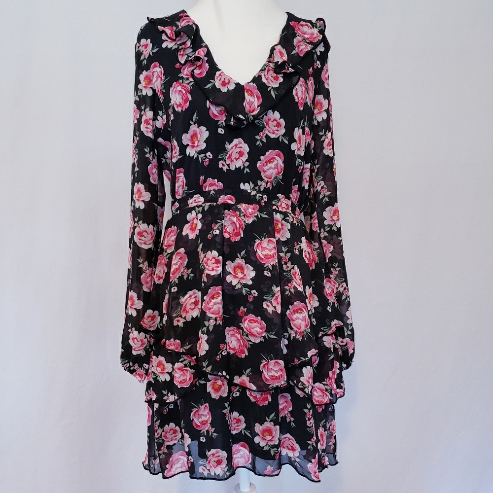 H&M Black w/Pink Flowers Ruffled Long Sleeve Dress